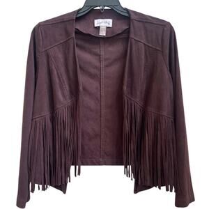 Joseph Ribkoff Fringe Jacket Short Top Faux Suede Brown 10 Cowgirl Western Boho